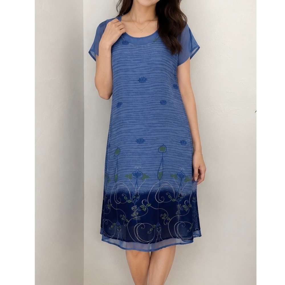 Kloz Lyne Chiffon Midi Dress Womens Medium Blue Ombre Floral Good Short Sleeve
